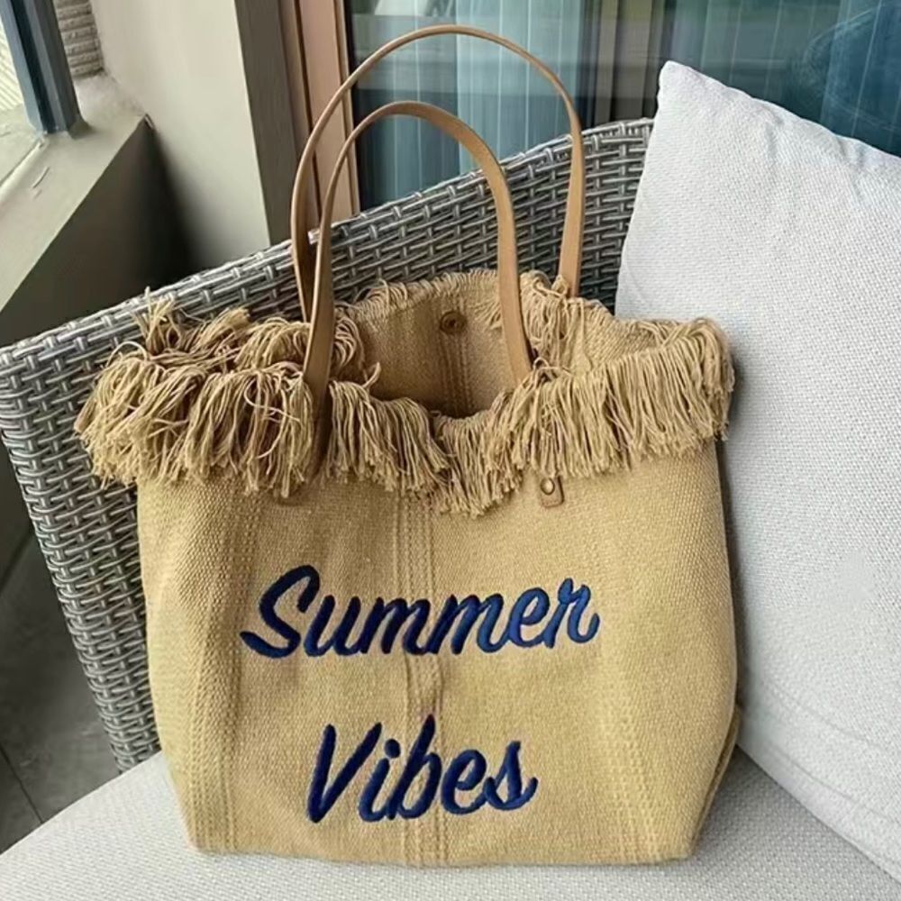 Large “Summer Vibes” Fringe Canvas Beach Bag or Tote Bag. Tan. Brand New!